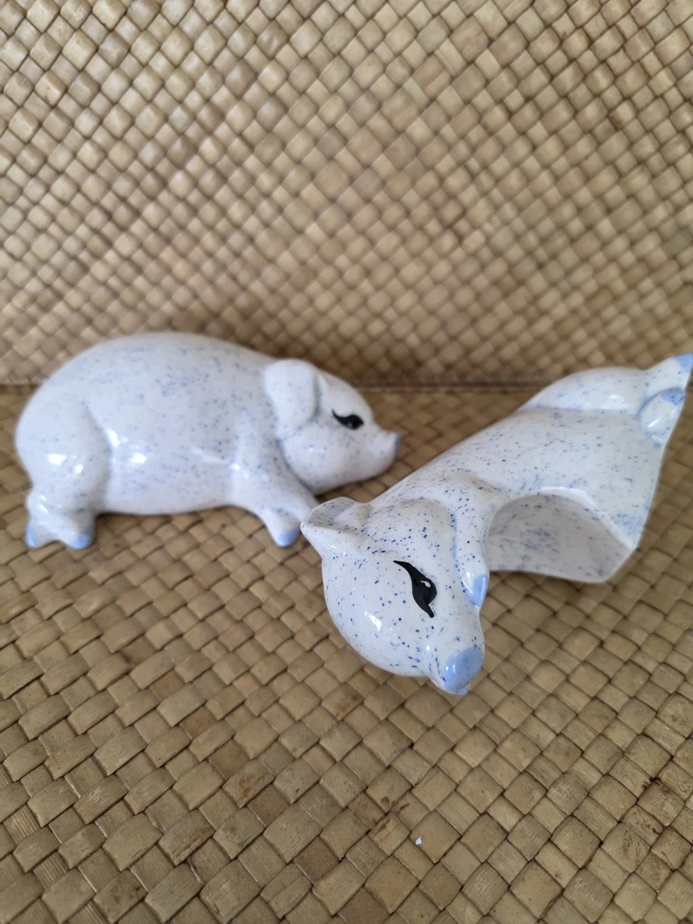 Speckled Ceramic Pig Pair Figurine - Light Blue Accent, Set Of 2.
